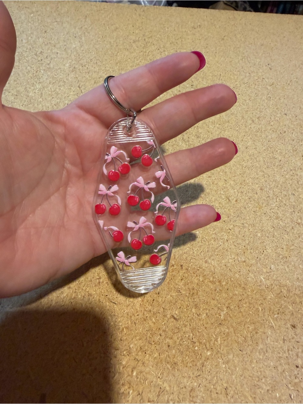 Clear Acrylic Cherry Keychain with Pink Bows